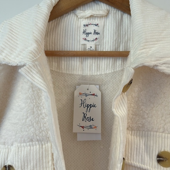 Hippie Rose Juniors' Corduroy-Trim Sherpa Button-up Shacket - Winter White Med. - Picture 2 of 6